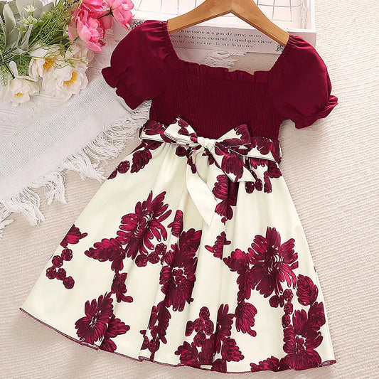 Girls Puff Sleeves Print Dress